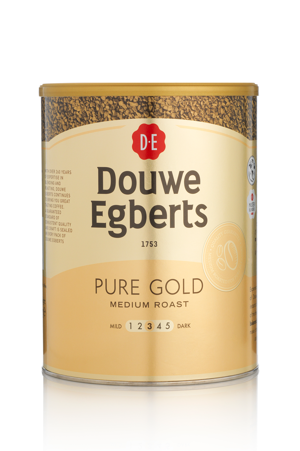 Douwe Egberts Pure Gold Medium Roast instant coffee 750g. A tin for professional use or customers